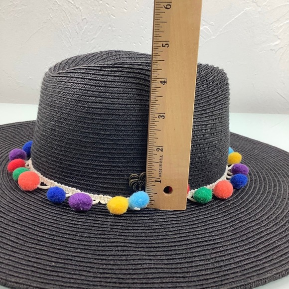 Sun N Sand Wide Rim Pom Pom Multicolor Black Straw Hat Size OSFM 22” EUC - Picture 7 of 12